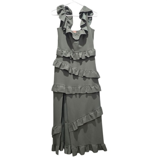 Show Me Your Mumu Sage Green Tiered Ruffle Maxi Dress Wedding Guest Slit Large - Picture 4 of 8